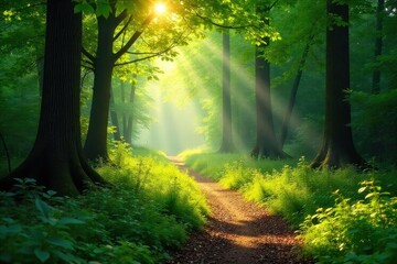 Naklejka premium Sun-dappled forest path winds through lush green canopy, dappled sunlight filtering through leaves, creating magical atmosphere Perfect for nature, travel, and adventure themes , woods, nature