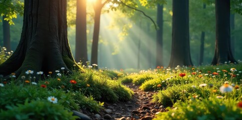 Sunlight dapples the forest floor, illuminating a carpet of moss and wildflowers amongst ancient trees A sense of tranquility and wilderness pervades the scene , spring, outdoor, background