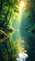 Sunlight dappling through leaves onto a clear water surface, creating shimmering reflections Perfect for nature, serenity, and environmental themes , tranquil, natural light, ecology