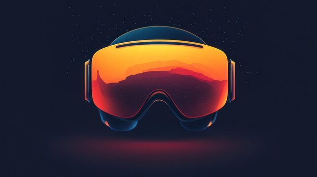 Ski Goggles Reflecting Mountain Landscape on Dark Background