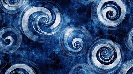 Tie dye design with swirling patterns. Dark blue ink on cloth. A cool, free-spirited style. Blue and white colors blend like watercolor. An abstract, trendy look.
