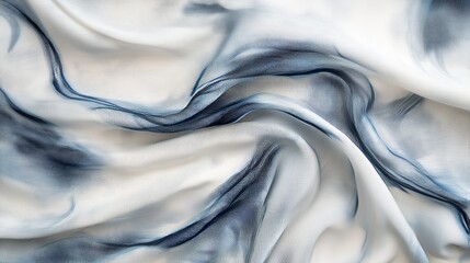 White silk with a smooth indigo tie-dye design. This fabric is hand-painted using a special batik technique called shibori.
