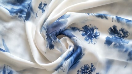 White silk with a smooth indigo tie-dye design. This fabric is hand-painted using a special batik technique called shibori.
