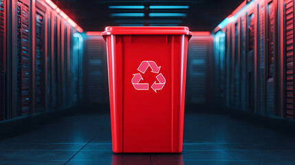 A red recycling bin with a white recycle symbol stands in a futuristic, neon-lit hallway lined with technology.