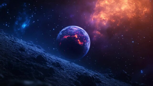 Glowing volcanic planet with fiery lava patches floats space near rocky surface starry sky and bright orange nebula creating dramatic cosmic scene burning planet with glowing lava and bright star