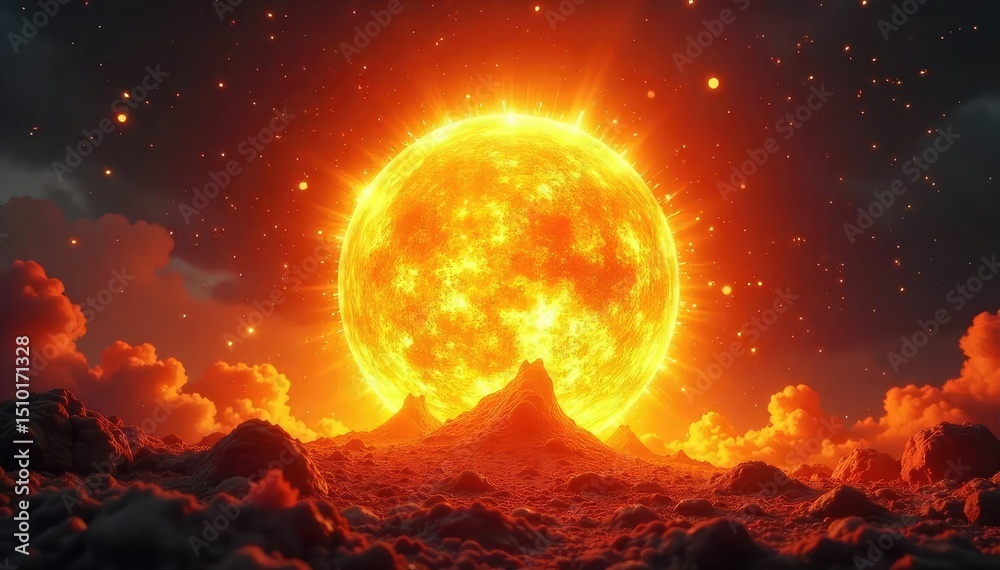 Wall mural a fiery orb of intense heat and light explodes, engulfing everything in its path with brilliant, sea