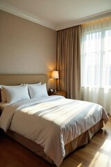 A pristine, empty hotel room, freshly made bed, spotless surfaces, ready for a guest Sunlight streams through the window, highlighting the cleanliness and comfort , sunlight, fresh