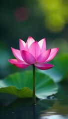 Obraz premium A pristine pink lotus blossom emerges from tranquil water, its petals unfurling in the soft morning light Perfect for serenity, purity, and spiritual themes , beauty, mindfulness