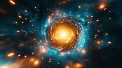 Glowing bright orange and blue swirling vortex in space with glowing cosmic dust and particles creating dynamic and energetic cosmic swirl full of motion and light - Powered by Adobe