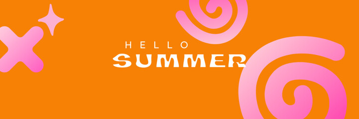 Abstract graphic of summer vivid and fun banner. Modern conceptual art design with swirling shapes and icon. Templates for celebration, ads, branding, banner, cover, label, poster, sales