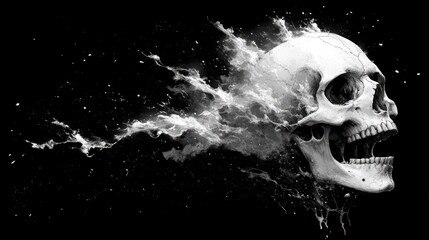Skull exploding with liquid splash on black background (1)