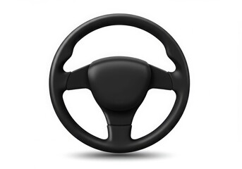 A black steering wheel centered on a white background in a studio shot view