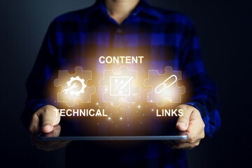 Three parts of SEO are technical content and links with people using tablet to operate in