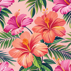 Colorful vibrant floral pattern featuring tropical hibiscus flowers and lush green leaves perfect for summer themed designs.
