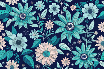 Elegant floral pattern featuring vibrant stylized flowers in shades of teal and soft pink with detailed leaves against a dark background.