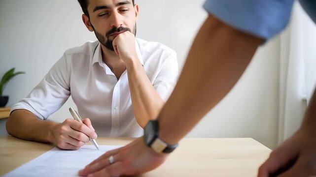 Two people discussing an agreement and signing divorce papers, with wedding rings on the table