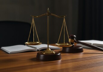 Scales of justice and gavel on wooden desk with open books in background