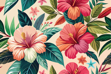 Vibrant floral pattern featuring colorful hibiscus flowers and tropical leaves perfect for various design projects and applications.