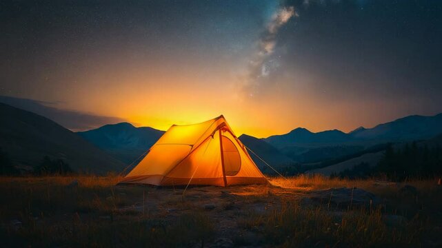 A glowing yellow camping tent under a beautiful Starry night sky. Travel adventure landscape background.
