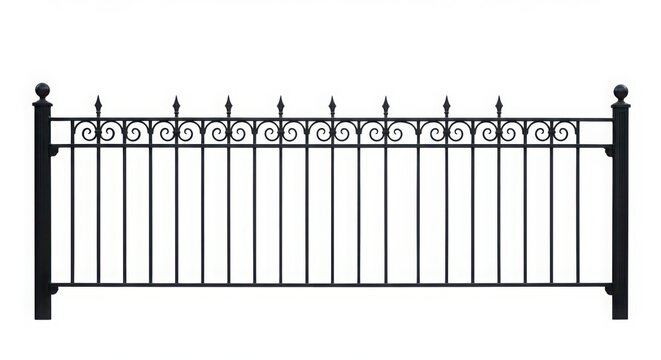 A symmetrical black wrought iron fence with decorative swirls and spikes on top