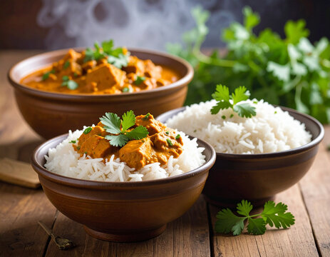 Steaming bowls of wali (rice) with flavorful curry are presented, highlighting a common and delicious meal.