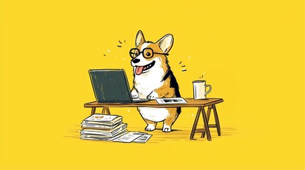 Happy corgi dog with glasses working on laptop at desk surrounded by papers on bright yellow background