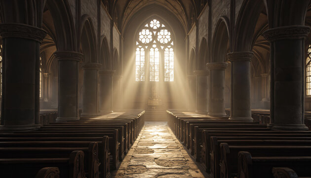 Church Interior with Pews, Pillars, and Sunlight.