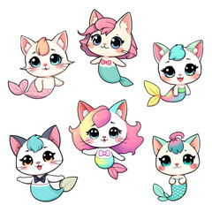 Fototapeta premium Kawaii Cartoon Mermaid Cat Sticker Pack