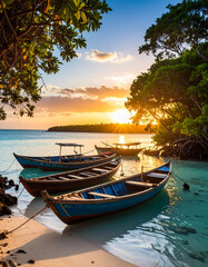 A coastal Tanzanian sunset over fishing boats docked near a shoreline surrounded by mangroves.