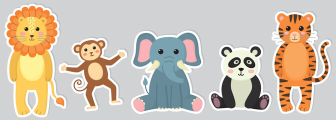Set of stickers with funny animals isolated on gray background. Illustration with tiger, elephant, panda, lion and monkey drawn in a childish style