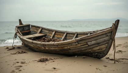 Fototapeta premium Old Wooden Rowboat on Sandy Beach