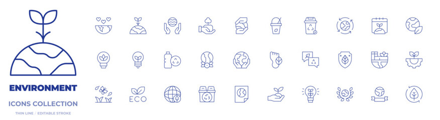 Environment icons collection. Thin Line icons, editable stroke. sustainable, innovation, recycling bin, earth, environment, environment protection, world environment day, circular economy