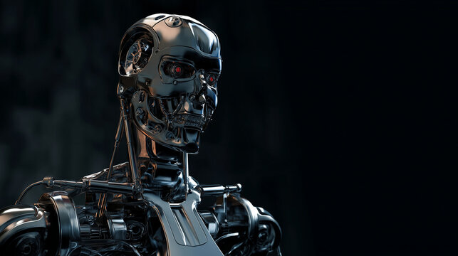 Menacing robot in shadowy futuristic scene&mdash;symbolic artwork exploring fear of intelligent machines, technological dominance, and the fragile future of humanity in a dark digital age