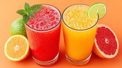 Vibrant Red and Orange Smoothies with Citrus Fruits on Warm Orange Surface