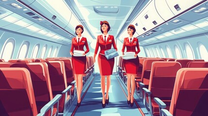 Illustrative portrayal of three stewardesses in an airplane cabin showcasing travel service