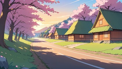 Anime Style Spring Village Road with Cherry Blossom Trees and Traditional Houses