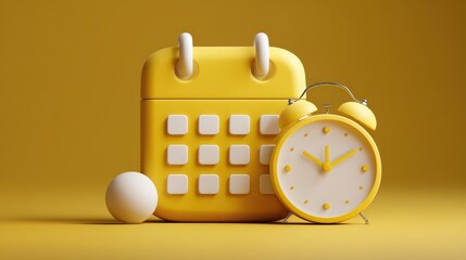 A 4K photo of 3D minimalist calendar icon time management and schedule on clean yellow background.