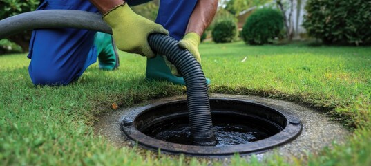 A worker uses a hose to clean or pump a residential septic tank in a well-maintained grassy yard.