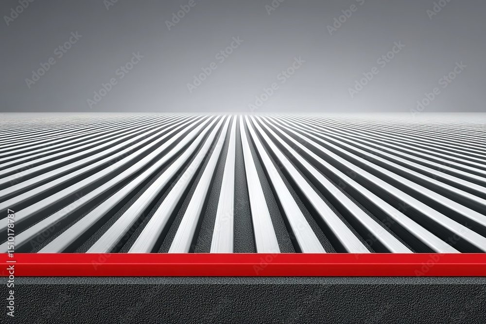 Poster stripes of metal create a dynamic visual effect with a contrasting red edge emphasizing modern desig