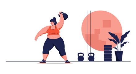 Fototapeta premium Woman exercising with kettlebell in fitness studio setting - Concept of fat people do sports 