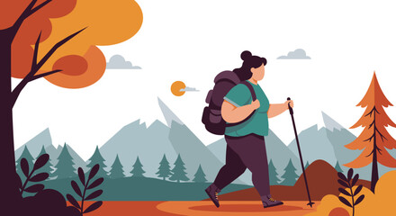 Hiking woman with backpack walking through autumn forest landscape, concept of fat people do sports
