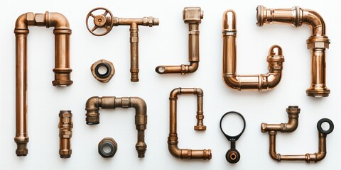 Obraz premium Copper plumbing pipes arranged on white background