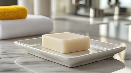 A rectangular bar of soap on a white dish.