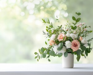 Fototapeta premium A vase of flowers sits on a table, with a green leafy stem and a pink