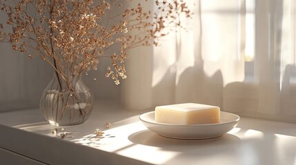 Gentle sunlight highlights a bar of soap on a tray.