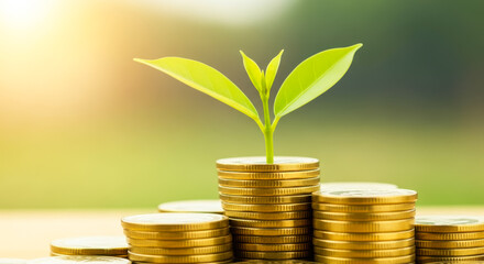 Growing plant on stack of gold coins symbolizing financial growth and investment returns