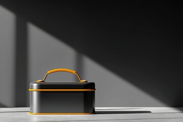 Metal lunchbox with orange handle resting on a table under strong sunlight in a minimalist indoor setting