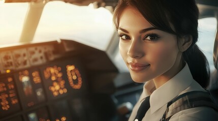 Confident female pilot in cockpit, professional aviation career representation