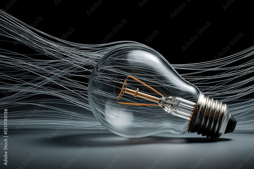 Poster light bulb design with flowing energy strands creating a dynamic visual effect in a dark setting