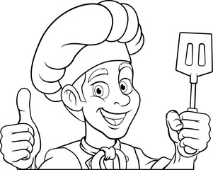 A chef, barbecue cook or baker cartoon food man mascot character holding a spatula and peeking around a sign or menu board with copy space illustration
